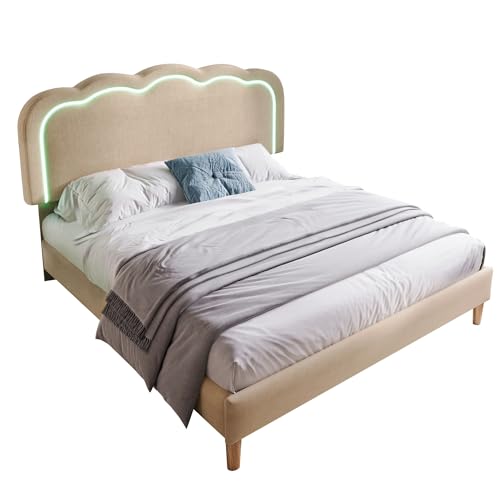 SogesPower LED-Doppelbett 140x200 cm mit Musik-Lichtsteuerung, Modernes Polsterbett in Beige mit atmungsaktivem Leinenbezug & höhenverstellbarem Kopfteil SogesPower LED-Doppelbett 140x200 cm mit Musik-Lichtsteuerung, Modernes Polsterbett in Beige mit atmungsaktivem Leinenbezug & höhenverstellbarem Kopfteil von SogesPower
