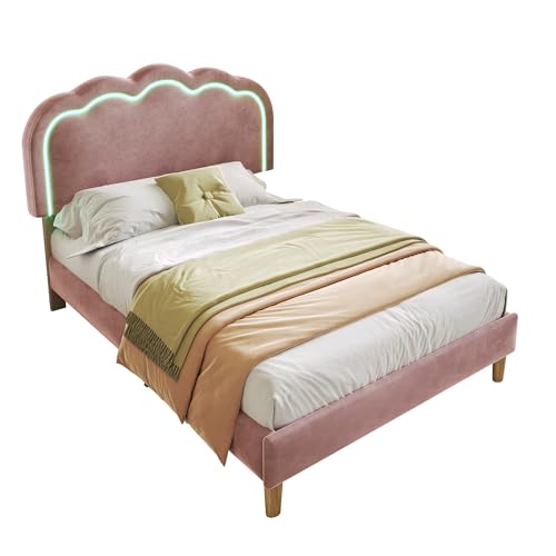 SogesPower LED-Einzelbett 90x200 cm mit verstellbarem Samt-Kopfteil, Modernes Polsterbett in Rosa mit RGB-Musiklicht & Stahlrahmen, Gästebett mit werkzeugloser Montage SogesPower LED-Einzelbett 90x200 cm mit verstellbarem Samt-Kopfteil, Modernes Polsterbett in Rosa mit RGB-Musiklicht & Stahlrahmen, Gästebett mit werkzeugloser Montage von SogesPower