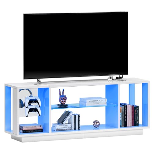 SogesPower LED TV-Konsole 140x35x52cm | Weiß mit UV-Hochglanz & Melaminstruktur | RGB 7-Farben-Beleuchtung + EU-Steckdose | Höhenverstellbares Glasregal für Wohnzimmer/Schlafzimmer von SogesPower