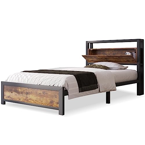 SogesPower Metallbett 90x200 cm mit Stauraum-Kopfteil & Industriedesign, Robustes Einzelbett für Erwachsene/Jugendliche, Schwarz Stahlrahmen, Werkzeugfreie Montage SogesPower Metallbett 90x200 cm mit Stauraum-Kopfteil & Industriedesign, Robustes Einzelbett für Erwachsene/Jugendliche, Schwarz Stahlrahmen, Werkzeugfreie Montage von SogesPower