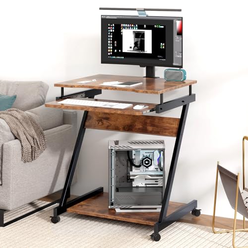 SogesPower Mobiler Computertisch mit Druckerregal und Tastatur, Computer-Arbeitsplatz für Zuhause und Büro, Retro-Stil von SogesPower