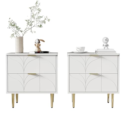 SogesPower Moderner Nachttisch Weiß mit floralem Blütendesign & Goldgriffen MDF-Holz splitterfreie Kanten 2er-Set mit 2 Schubladen Anti-Bump-Design 50x40x54 cm pflegeleicht SogesPower Moderner Nachttisch Weiß mit floralem Blütendesign & Goldgriffen MDF-Holz splitterfreie Kanten 2er-Set mit 2 Schubladen Anti-Bump-Design 50x40x54 cm pflegeleicht von SogesPower