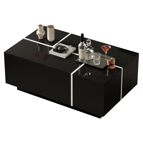 SogesPower Moderner schwarzer quadratischer Couchtisch, Sofatisch in Patchwork-Farben mit Hochglanzoptik, 100 x 60 x 40 cm – Wohnzimmertisch mit Vier Schubladen, Tragkraft bis zu 30 kg von SogesPower