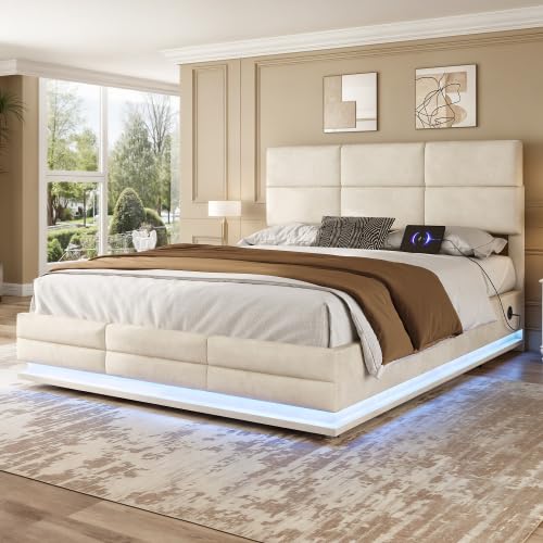 SogesPower Modernes 140x200 cm Bett mit LED-Ambiente & Samtbezug – USB-Ladefunktion, 300KG Belastbarkeit & Platzsparend (Beige) von SogesPower