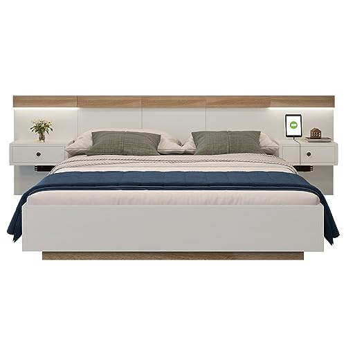 SogesPower Modernes Holzbett als Doppelbett mit integriertem Schwebeeffekt – 2X Vintage-LED-Nachttische + Multifunktions-Kopfteil mit EU-Steckdosen – 160x200 cm von SogesPower
