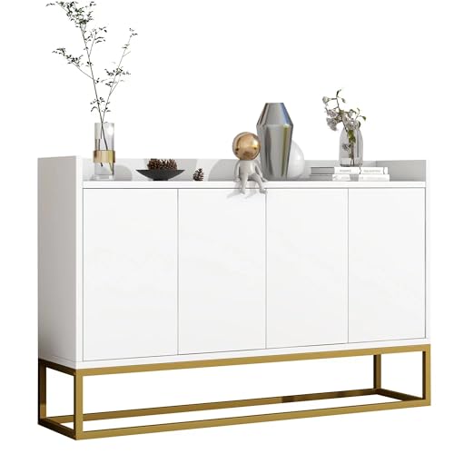 SogesPower Modernes Sideboard Weiß 4-türig grifflos mit Push-to-Open Mechanismus & höhenverstellbaren Regalen Stahlrohrrahmen 120x80cm für Küche Wohnzimmer Essbereich von SogesPower