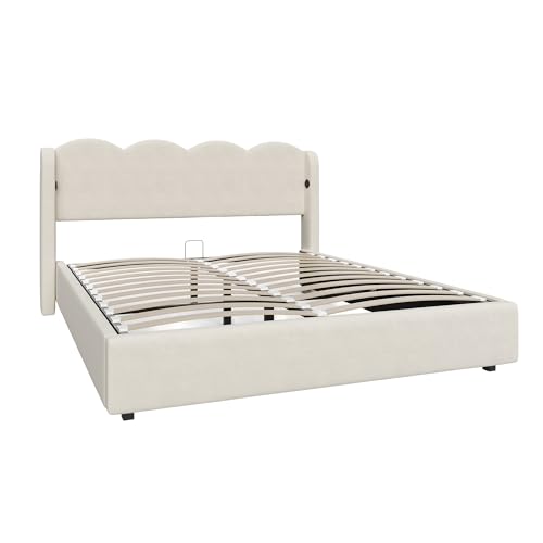 SogesPower Polsterbett, Bettgestell mit wellenförmigem flachem Nudelrahmen, ohne Matratze, USB+C Schnittstelle Aufladung und großem Stauraum (140cm × 200cm) von SogesPower