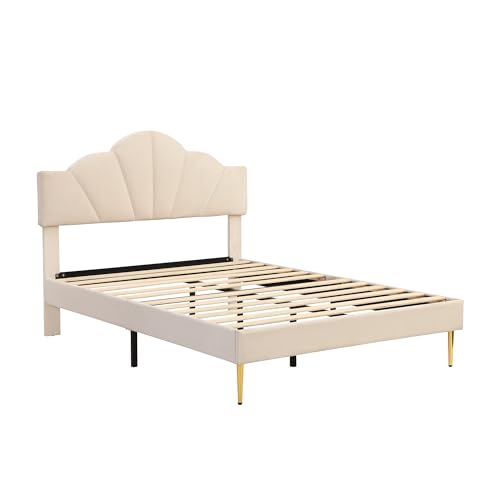 SogesPower Polsterbett 140x190 cm in Beige mit Muschel-Kopfteil & Goldfüßen, Samtbezug, höhenverstellbar & Hybrid-Lattenrost für 250 kg Tragkraft SogesPower Polsterbett 140x190 cm in Beige mit Muschel-Kopfteil & Goldfüßen, Samtbezug, höhenverstellbar & Hybrid-Lattenrost für 250 kg Tragkraft von SogesPower