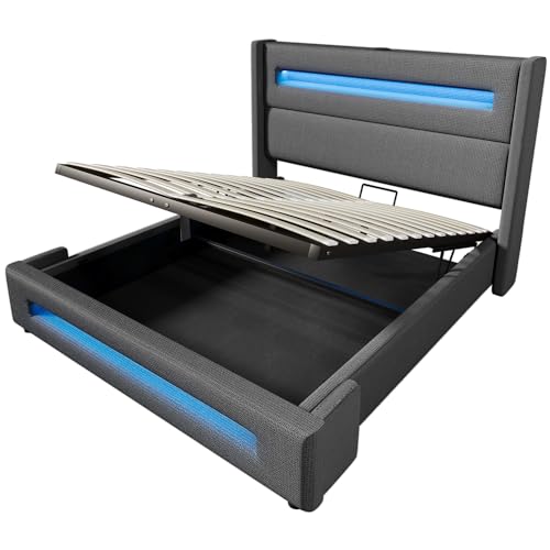 SogesPower Polsterbett Doppelbett 140x200 cm Grau mit atmosphärischer LED Musik Sync Beleuchtung großem Hydraulik Stauraum staubdichtem Tuch USB C Laden SogesPower Polsterbett Doppelbett 140x200 cm Grau mit atmosphärischer LED Musik Sync Beleuchtung großem Hydraulik Stauraum staubdichtem Tuch USB C Laden von SogesPower