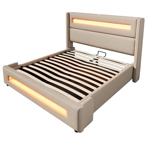 SogesPower Polsterbett Doppelbett 160x200 cm Beige Premium mit Rutschfester Matratzenhalterung LED dynamischen Modi Hydraulikbettkasten USB C Ladepunkt SogesPower Polsterbett Doppelbett 160x200 cm Beige Premium mit Rutschfester Matratzenhalterung LED dynamischen Modi Hydraulikbettkasten USB C Ladepunkt von SogesPower