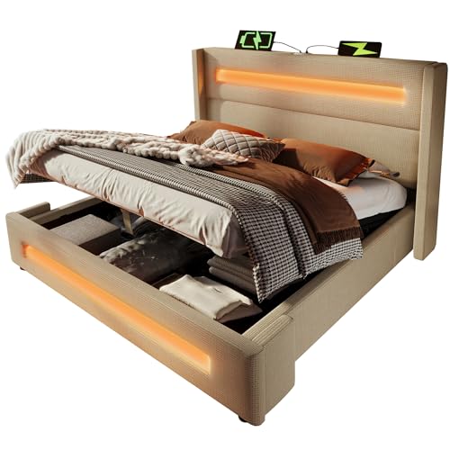 SogesPower Polsterbett Doppelbett 180x200 cm Beige Großbett mit Smart LED Beleuchtungsystem hydraulischem Stauraum Klettverschluss Staubschutz USB C Ladestation SogesPower Polsterbett Doppelbett 180x200 cm Beige Großbett mit Smart LED Beleuchtungsystem hydraulischem Stauraum Klettverschluss Staubschutz USB C Ladestation von SogesPower