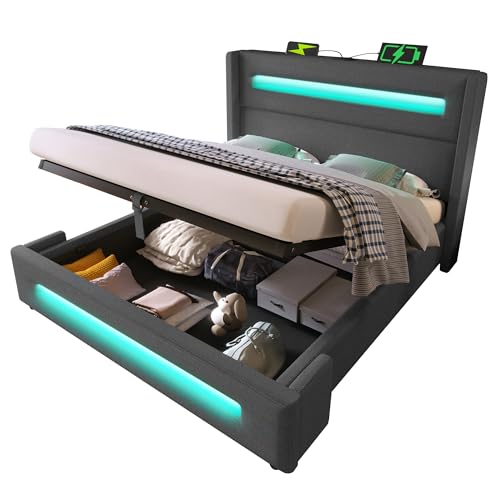 SogesPower Polsterbett Doppelbett 180x200 cm Grau mit exklusivem Leinenimitat Bezug hydraulischer Stauraum LED Farbwechsel und Musikmodus USB C Typ C Ladeanschluss SogesPower Polsterbett Doppelbett 180x200 cm Grau mit exklusivem Leinenimitat Bezug hydraulischer Stauraum LED Farbwechsel und Musikmodus USB C Typ C Ladeanschluss von SogesPower