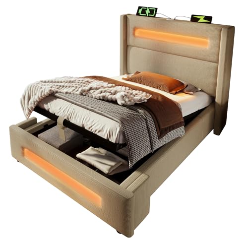 SogesPower Polsterbett Einzelbett 90x200 cm Beige mit LED Licht 60000 Farben Hydraulik Stauraum USB C Ladestation Kiefernholz Latten Leinenimitat ohne Matratze SogesPower Polsterbett Einzelbett 90x200 cm Beige mit LED Licht 60000 Farben Hydraulik Stauraum USB C Ladestation Kiefernholz Latten Leinenimitat ohne Matratze von SogesPower