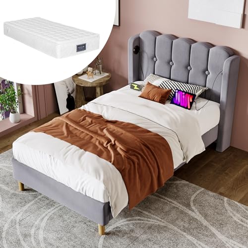 SogesPower Polsterbett Einzelbett USB C Ladestation 90x200 cm Grauer Leinenbezug Mit Matratze Robuste Konstruktion Für Jugendliche und Erwachsene SogesPower Polsterbett Einzelbett USB C Ladestation 90x200 cm Grauer Leinenbezug Mit Matratze Robuste Konstruktion Für Jugendliche und Erwachsene von SogesPower