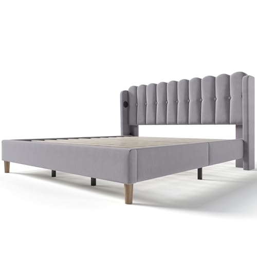 SogesPower Premium Doppelbett USB C Ladestation 180x200 cm Grauer Leinenbezug Integrierter Lattenrost Design Kopfteil Einfache Selbstmontage SogesPower Premium Doppelbett USB C Ladestation 180x200 cm Grauer Leinenbezug Integrierter Lattenrost Design Kopfteil Einfache Selbstmontage von SogesPower