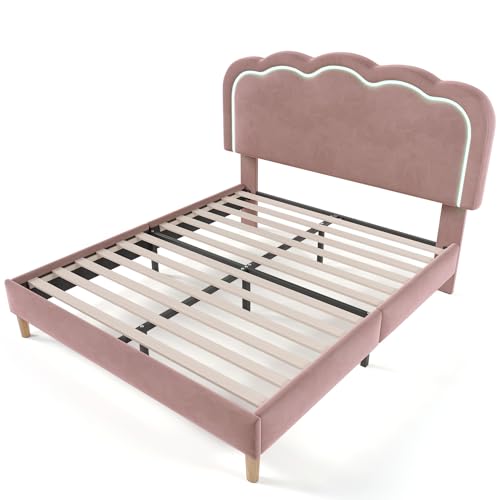 SogesPower Samt-Polsterbett 140x200 cm mit RGB-Ambientebeleuchtung, Doppelbett in Rosa mit verstellbarem Puff-Kopfteil und atmungsaktivem Leinenbezug, Stabiles Metallgestell SogesPower Samt-Polsterbett 140x200 cm mit RGB-Ambientebeleuchtung, Doppelbett in Rosa mit verstellbarem Puff-Kopfteil und atmungsaktivem Leinenbezug, Stabiles Metallgestell von SogesPower