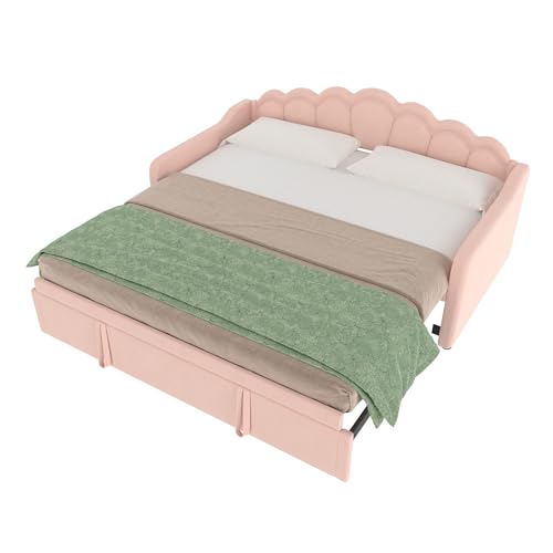 SogesPower Samt Tagesbett 90x200 cm mit Wellendesign und Farblicht Schlafsofa als Doppelbett, 3-Fach verstellbar mit LED-Streifen minimalistisch, Rosa ohne Matratze von SogesPower