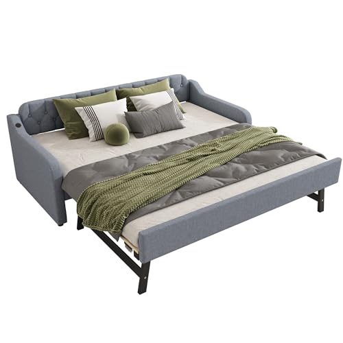 SogesPower Schlafsofa Grau 90x200cm Tagesbett mit integriertem USB-Ladeport, Rollout-Bettmechanismus, hochwertiger MDF-Leinen Hybrid Komfortmöbel von SogesPower