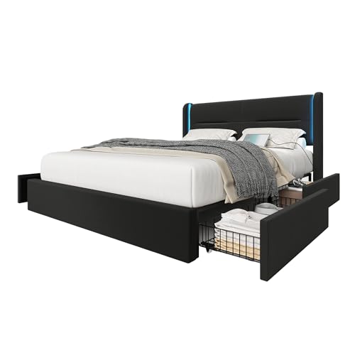 SogesPower Schlafzimmer-Highlight: 140x200 cm Bettgestell LED-Kopfteil, 4 Schubladen, USB-Ports & Stabile Flügel Modern in Schwarz SogesPower Schlafzimmer-Highlight: 140x200 cm Bettgestell LED-Kopfteil, 4 Schubladen, USB-Ports & Stabile Flügel Modern in Schwarz von SogesPower