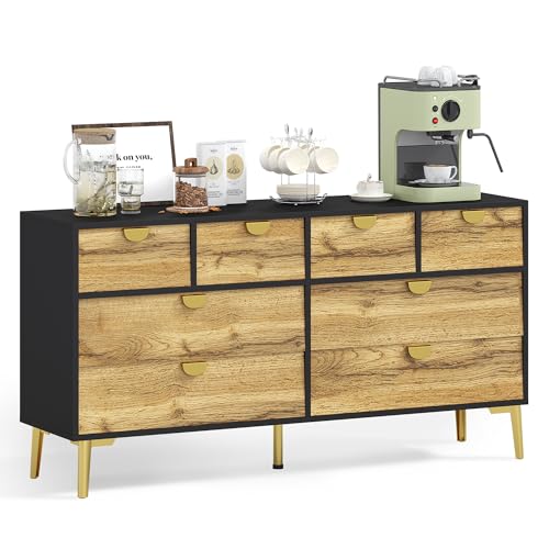 SogesPower Schwarz-Eiche Sideboard mit 8 Soft-Close Schubladen Metallfüßen Goldgriffen 150x40x78 cm Anti-Kipp-System 200kg Traglast für Wohnzimmer Esszimmer Flur haustierfreundlich von SogesPower