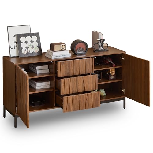 SogesPower Schwarz-weißer Sideboard-Schrank mit Schlitzmuster-Design 3 Soft-Close Schubladen Anti-Kipp-System 120x40x80 cm für Küche Flur Wohnzimmer langlebig kinderhaustiersicher von SogesPower