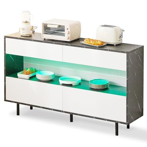 SogesPower Schwarzes Marmor-Design Sideboard mit 4 Soft-Close Schubladen RGB-LED Beleuchtung Anti-Kipp-System 150x35x89.5 cm für Küche Wohnzimmer Homeoffice Kratzfest pflegeleicht von SogesPower
