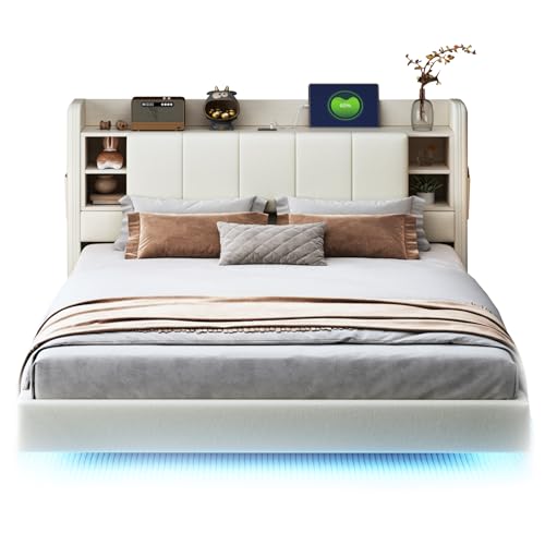 SogesPower Schwebebett 140x200 cm Beige mit LED-Schwebeeffekt USB-Ladestation am Kopfteil verstecktem Stauraum & Regalen, Robuster Metallrahmen von SogesPower