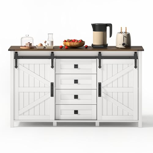 SogesPower Sideboard Weiß Vintage 137 cm Breit mit Schiebetüren & 4 Schubladen - Hoher Stauraum für Küche, Esszimmer, Wohnzimmer - Kaffeebar Sideboard von SogesPower