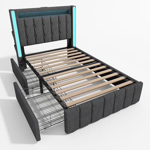 SogesPower Smart Polsterbett mit 4-Fach USB-C Ladestation, RGB-LED-Beleuchtung & Schubladen 90x200cm (Einzel-/Doppelbett), Holzlattenrost, Stauraumdesign, Grau (Ohne Matratze) von SogesPower
