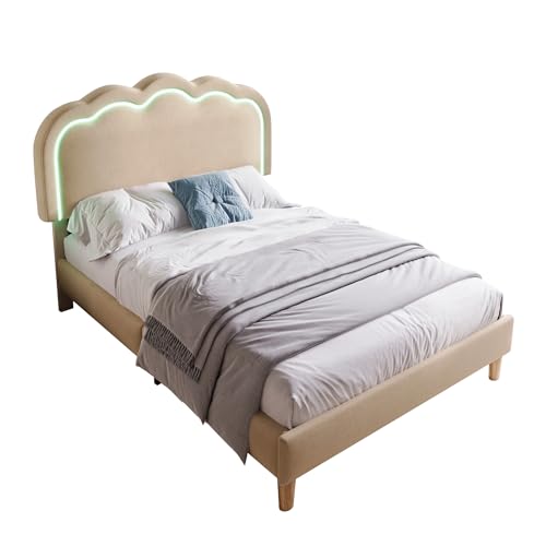 SogesPower Stylisches Polsterbett 90x190 cm in Beige, LED-Einzelbett mit Leinen-Kopfteil & Ambientelicht, Gästebett mit Doppelstreben-Rahmen in 45 Min montiert SogesPower Stylisches Polsterbett 90x190 cm in Beige, LED-Einzelbett mit Leinen-Kopfteil & Ambientelicht, Gästebett mit Doppelstreben-Rahmen in 45 Min montiert von SogesPower