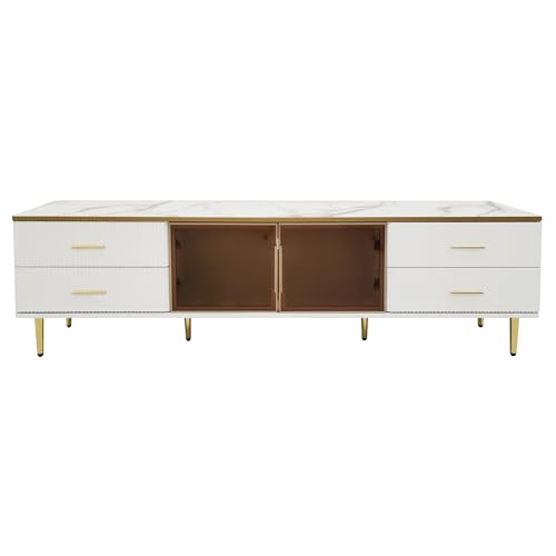 SogesPower TV-Schrank in Marmoroptik mit 4 Wellenstruktur-Schubladen & 2 braunen Gehärtetglas-Türen Aluminiumrahmen RGB-LED-Beleuchtung 170x37x47,5 cm für Wohnzimmer von SogesPower