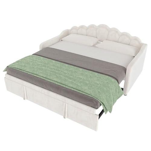 SogesPower Tagesbett 90x200 cm mit 3-in-1 Funktion und RGB LED-Beleuchtung Schlafsofa aus Samt und MDF platzsparendes Ausziehbett bis 180x200 cm, Beige ohne Matratze von SogesPower