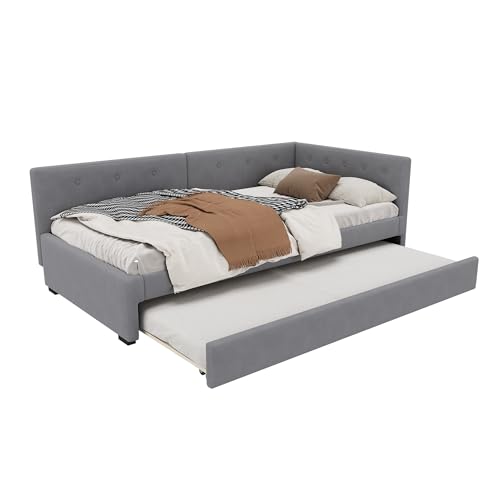 SogesPower Tagesbett mit Rollfunktion 90x200cm in Grau, Multifunktionales Schlafsofa als Gästebett oder Lounge-Möbel, Stabiles Einzelbett mit MDF-Rahmen und Samt von SogesPower