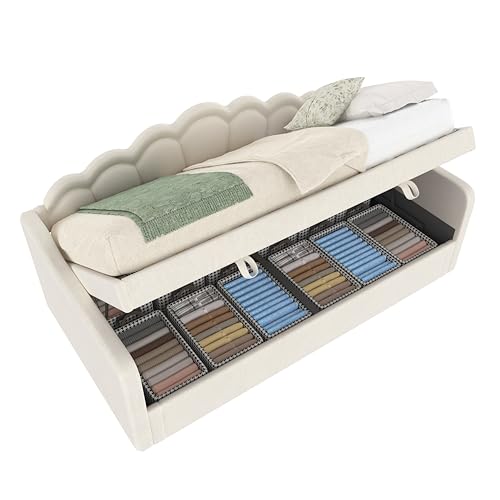 SogesPower Tagesbett mit hydraulischem Stauraum und LED-Beleuchtung, Schlafsofa in Samtoptik 90x200 cm Beige, Modernes Einzelbett mit Kopfteil in Wellendesign von SogesPower