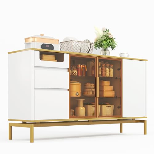 SogesPower Weißes Marmor-Design Sideboard mit 3 Soft-Close Schubladen Goldene Aluminiumrahmen 150x40x80 cm Anti-Kipp-System 300kg Traglast für Wohnküche Esszimmer von SogesPower