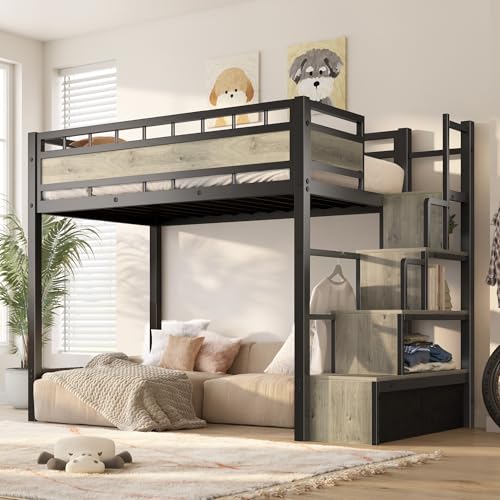 SogesSleep Hochbett mit Treppe, Robustes Metallgestell mit Stauraum und großem Unterbettplatz für Jugendliche und Jugendliche, platzsparendes Design und kein Boxspringbett erforderlich, Schwarz von SogesSleep