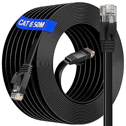 LAN Kabel 50 meter Outdoor Indoor, Netzwerkkabel 50m Cat 6 Gigabit Ethernet Kabel 50m Flach - 10 100 1000Mbit s - RJ45 Patchkabel 50m Schwarz Cat 6 Wlan Kabel für Router Switch Modem PS4/5, 50 Clips von Soibke