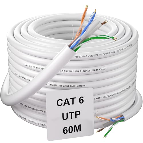 Soibke LAN Kabel 60 Meter Outdoor, Cat 6 Netzwerkkabel 60m Weiß Außen Ethernet Kabel Verlegekabel Gigabit RJ45 Kabel Installationskabel Wasserdicht UTP 23AWG Internetkabel Lang von Soibke