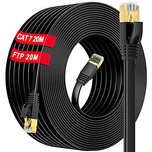 LAN Kabel 20m Cat 7 Netzwerkkabel 20 Meter Flach Patchkabel Outdoor Gigabit 10Gbps 600MHz Hochgeschwindigkeits S/FTP PIMF Schirmung mit RJ45 Stecker Ethernet Kabel für Switch Router Modem (20 Clips) von Soibke