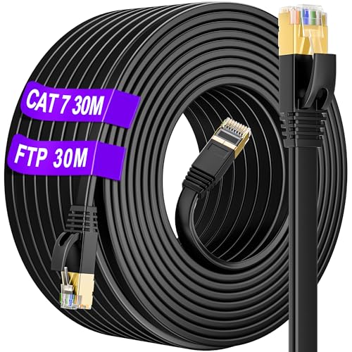 30m Cat 7 LAN Kabel 30 meter Flach Outdoor Indoor, S/FTP Netzwerkkabel CAT7 30m Hochgeschwindigkeits 10000Mbit/s Gigabit Ethernet Kabel Wasserdicht Anti-Interferenz (30 Clips) -Schneller als Cat6/Cat5 von Soibke