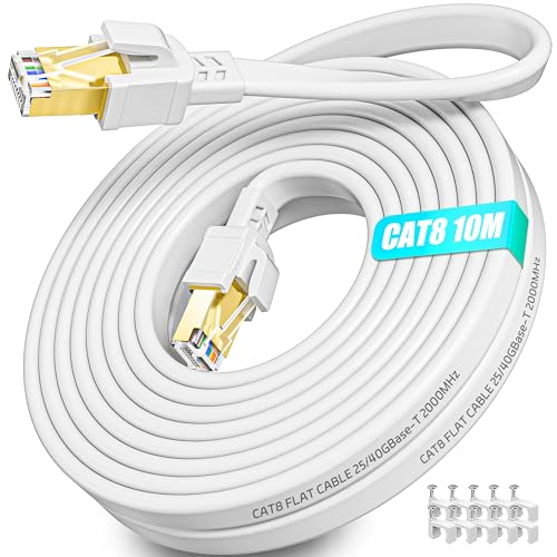 LAN Kabel 10 Meter Cat 8, Netzwerkkabel 10m Flach 40Gbps Hochgeschwindigkeits Ethernet Kabel Geschirmt 2000MHz Internetkabel Wlan Kabel 10m Weiß RJ45 Gigabit Patchkabel für Modem Router Switch von Soibke