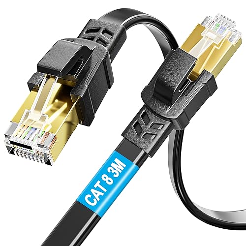 Cat 8 Ethernet Kabel Flach 40Gbps High Speed Netzwerkkabel 2000MHz LAN Verlegekabel Kabel Schirmung Internet Kabel Gigabit RJ45 Kabel Patchkabel Schwarz für PC, Router, Modem, Xbox (3 clips)(3M) von Soibke