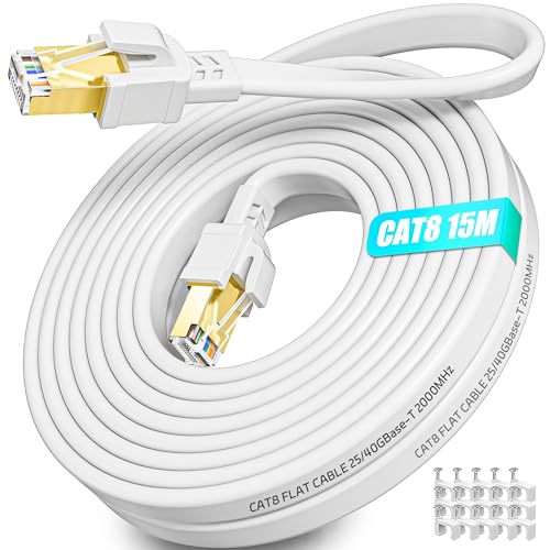 Cat 8 LAN Kabel 15m, Netzwerkkabel 15 Meter Flach Hochgeschwindigkeits 40Gbits 2000MHz Ethernet Internetkabel Geschirmt, Gigabit Wlan Kabel 15m Weiß RJ45 Patchkabel für Switch Modem von Soibke