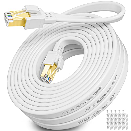 LAN Kabel 20m Cat 8, Netzwerkkabel Flach Ethernet Kabel 20 Meter Hochgeschwindigkeits Wlan Kabel Weiß 20m Geschirmt 40Gbps 2000MHz RJ45 Gigabit Patch Internetkabel für Switch Modem von Soibke