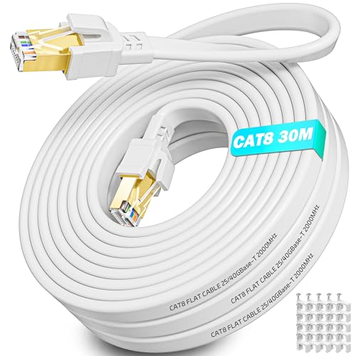 Soibke LAN Kabel 30 Meter Cat 8, Netzwerkkabel Ethernet Kabel 30m Flach High Speed 40Gbps Wlan Kabel Weiß 2000MHz, Internetkabel 30m Outdoor Indoor Gigabit RJ45 Patchkabel für Router Modem von Soibke