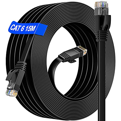 LAN Kabel 15 meter, Flach Netzwerkkabel 15m Lang Ethernet Kabel Gigabit Hochgeschwindigkeits, 10/100/1000Mbit/s Cat 6 15m Patchkabel, RJ45 Internetkabel Wasserdicht für Router/Switch/Modem (15 Clips) von Soibke