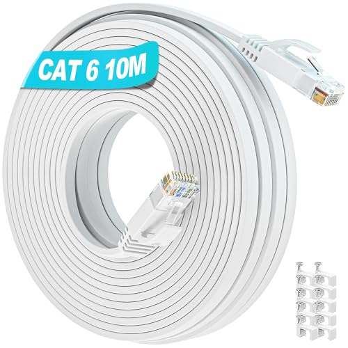 LAN Kabel 10 Meter Cat 6, Netzwerkkabel Flach 10m Internet Kabel Weiß Hochgeschwindigkeits Wlan Kabel Dünn Gigabit LAN Kabel RJ45 Patchkabel Flexibel Ethernet Kabel Lang Kompatibel zu Cat5 Cat5e von Soibke