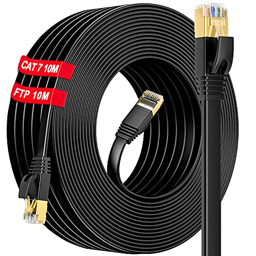 LAN Kabel 10meter Cat 7, Netzwerkkabel 10m Flach Ethernet Kabel Outdoor Indoor - S/FTP PIMF Schirmung Gigabit(10 Clips), Cat 7 Rohkabel mit RJ45 Stecker - Patchkabel 10m für Switch Router Access Point von Soibke
