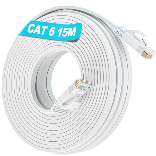 LAN Kabel 15 Meter Cat 6, Netzwerkkabel Weiß 15m, Ethernet Kabel Flach 15m, Internet Kabel High Speed, Dünn Wlan Kabel Gigabit RJ45 Patchkabel 1000Mbit/s Wifi Kabel für Router Modem (15 Clips) von Soibke