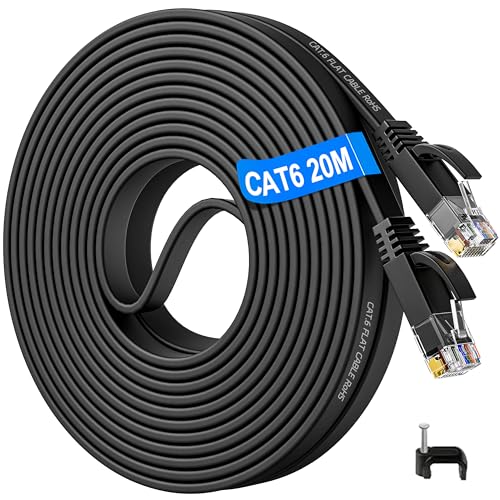 LAN Kabel 20 Meter Flach, Netzwerkkabel 20m Dünn Cat 6 Internetkabel Lang Hochgeschwindigkeits Wlan Kabel 20 Meter Gigabit Ethernet Kabel Verlängerung Schwarz RJ45 Patchkabel für Switch Modem von Soibke